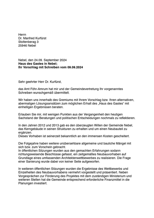 Vorschau der ersten Seite der Antwort der Gemeinde Nebel